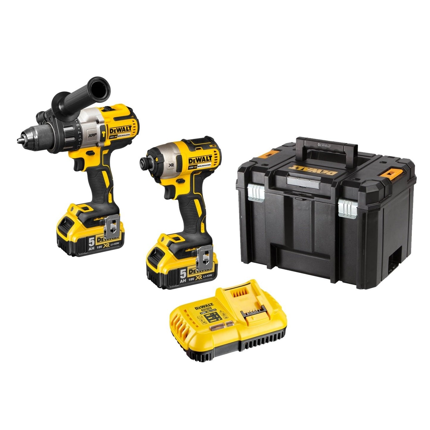 DEWALT 18V XR POWERSTACK 5AH CORDLESS DRILL/IMPACT DRIVER 2 5AH BATT/CHARGER AND BOX
