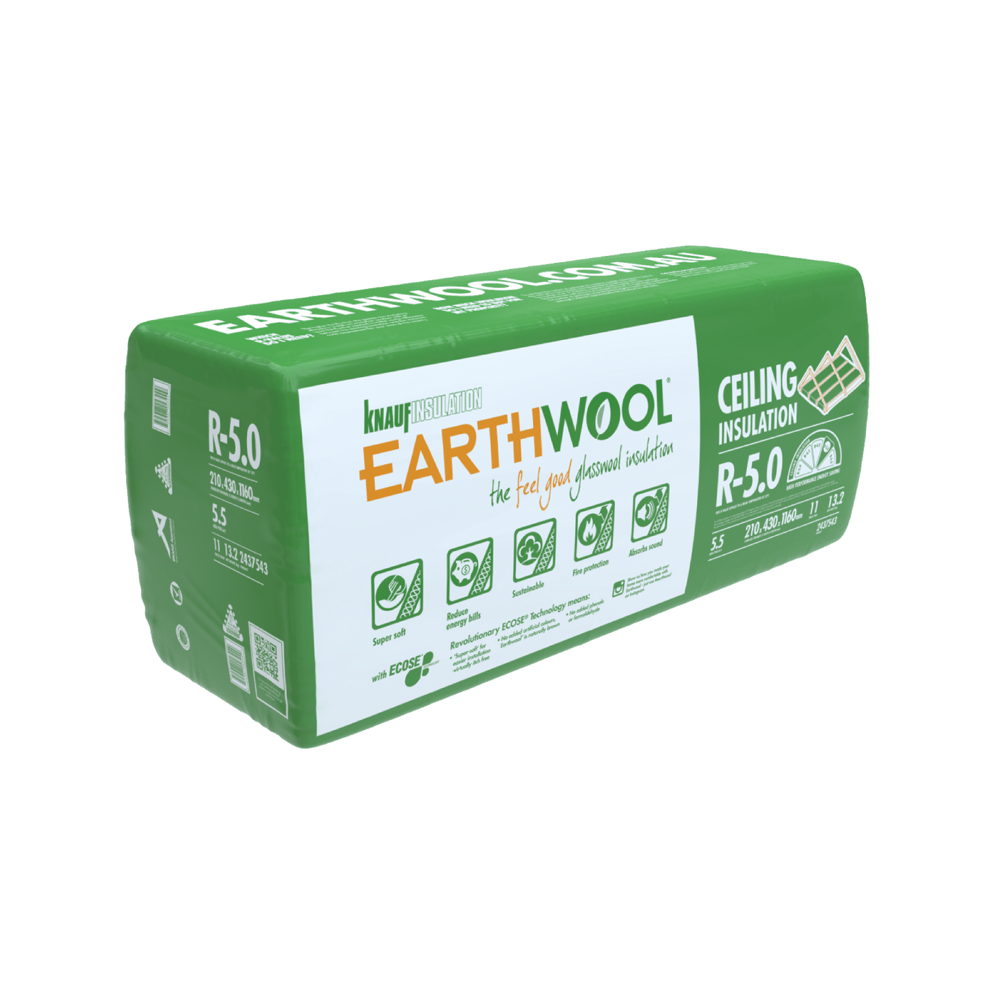 EARTHWOOL CEILING & FLOOR BATTS R5.0 230MM X 430MM X 1160MM - 11 PCE/PACK - 5.49M2/PACK