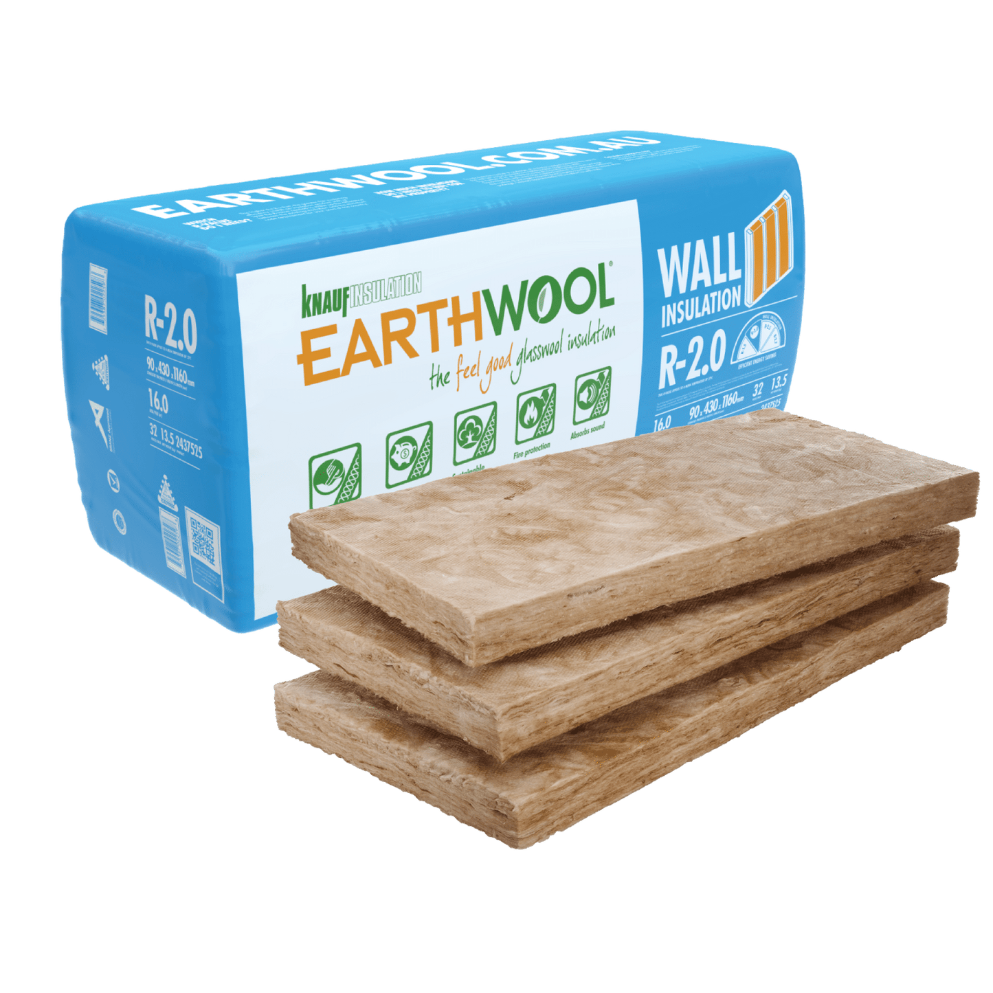 EARTHWOOL  WALL & FLOOR BATTS  R2.0 90MM X 430MM X 1160MM - 32 PCE/PACK - 15.96M2/PACK