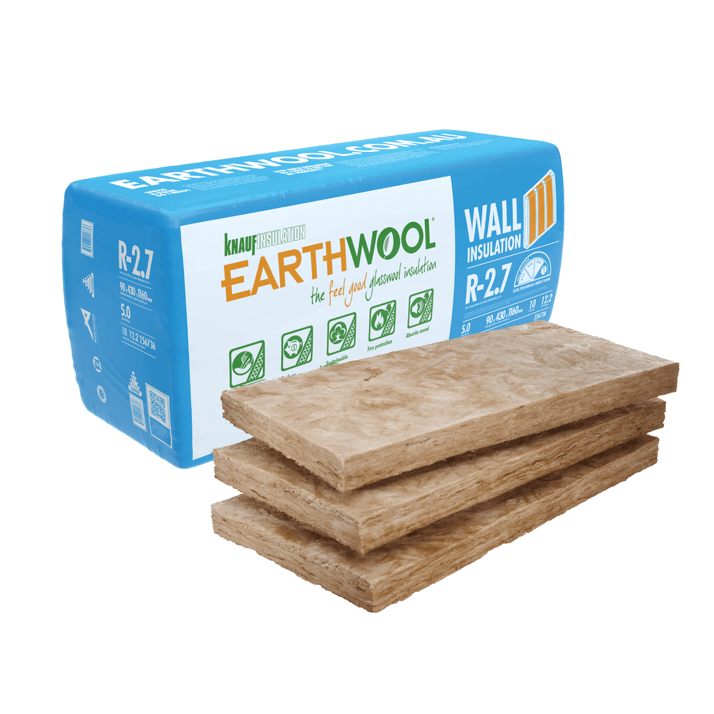 EARTHWOOL HP WALL & FLOOR BATTS R2.7 90MM X 430MM X 1160MM - 10 PCE/PACK - 4.99M2/PACK